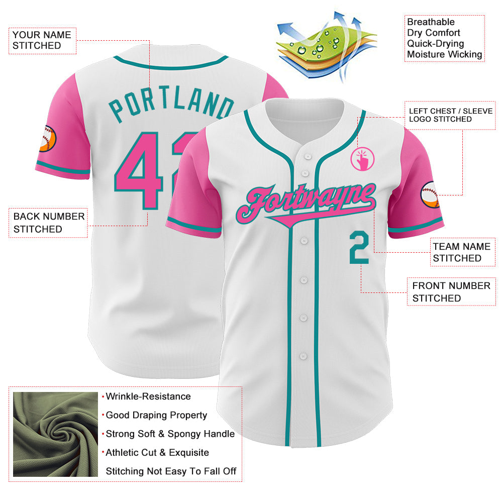 Custom White Pink-Teal Authentic Two Tone Baseball Jersey view 3