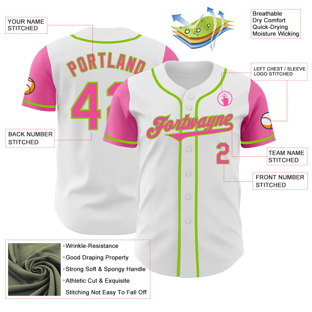 Custom White Pink-Neon Green Authentic Two Tone Baseball Jersey view 3