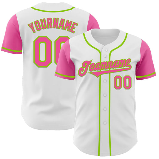 Custom White Pink-Neon Green Authentic Two Tone Baseball Jersey - Main View
