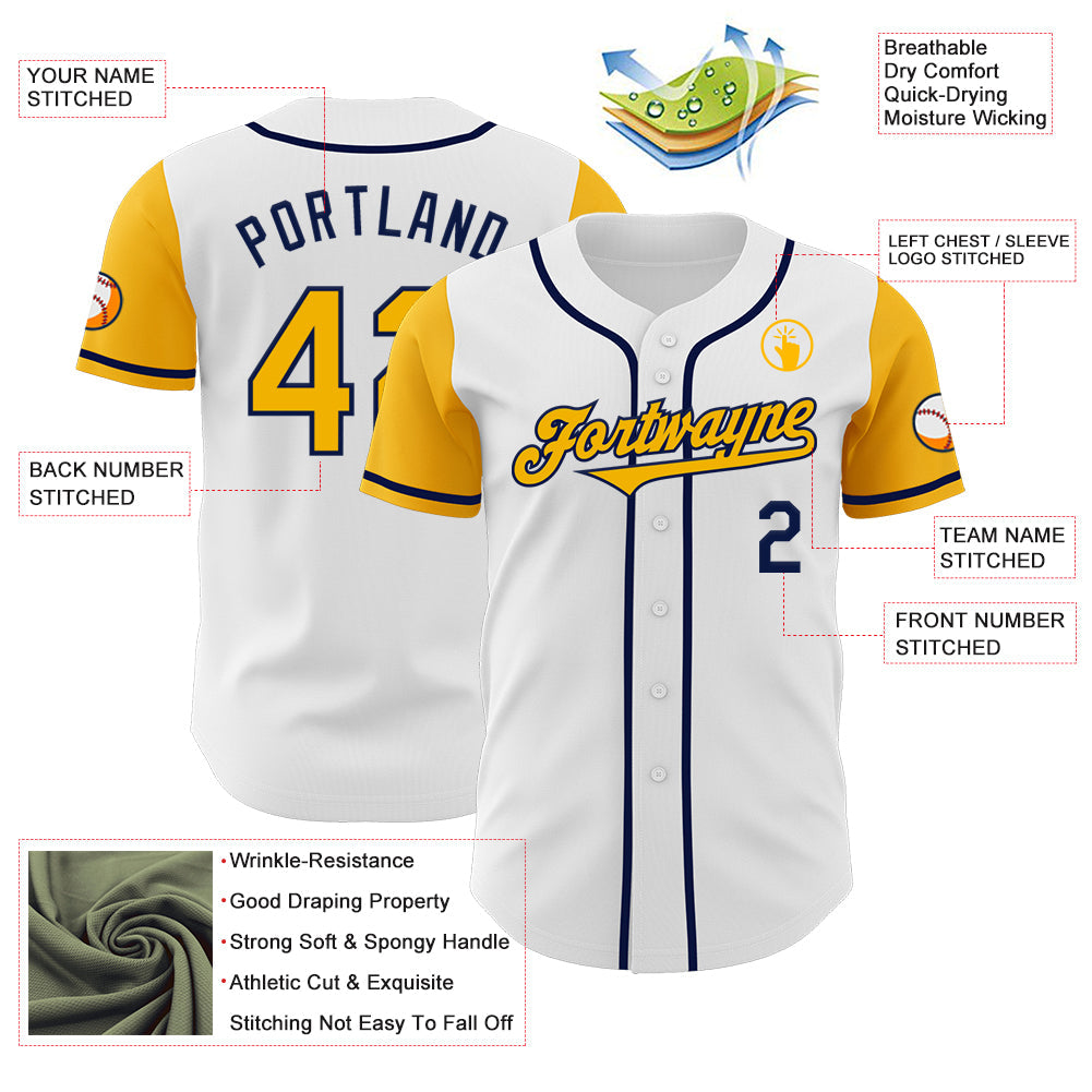 Custom White Gold-Navy Authentic Two Tone Baseball Jersey view 3