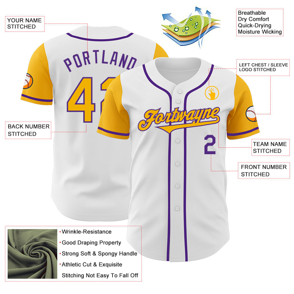 Custom White Gold-Purple Authentic Two Tone Baseball Jersey view 3