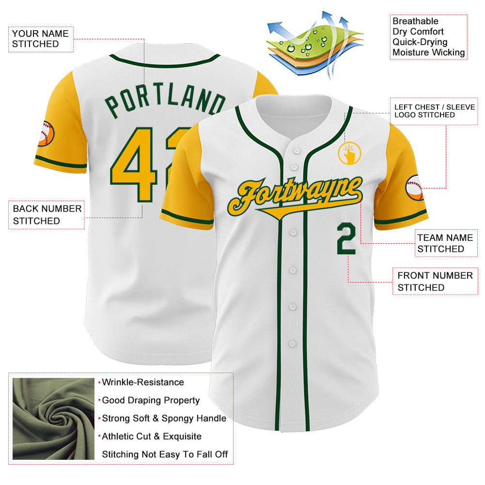 Custom White Gold-Green Authentic Two Tone Baseball Jersey view 3