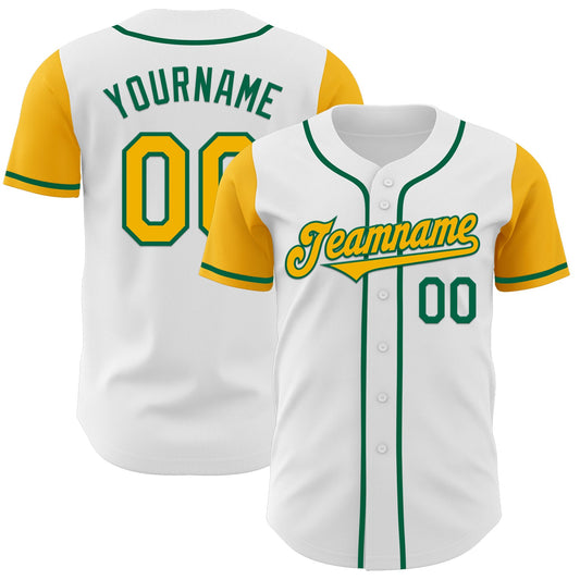 Custom White Gold-Kelly Green Authentic Two Tone Baseball Jersey - Main View