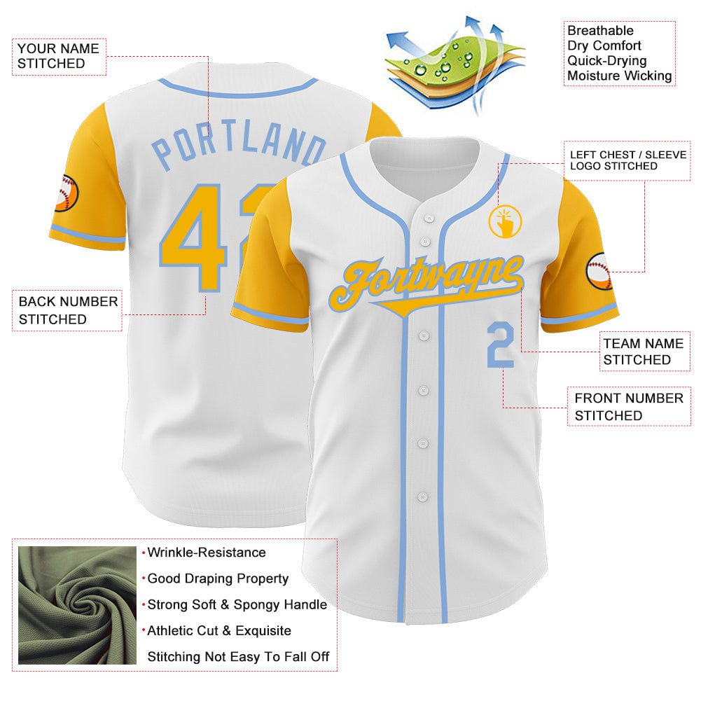 Custom White Gold-Light Blue Authentic Two Tone Baseball Jersey view 3