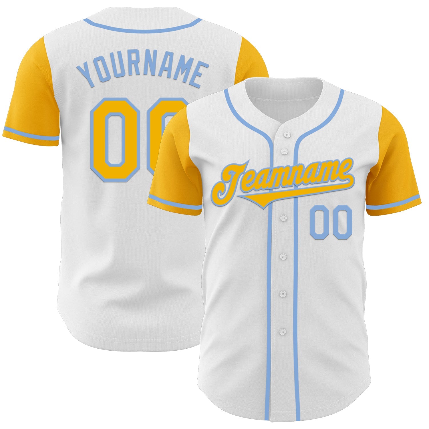 Custom White Gold-Light Blue Authentic Two Tone Baseball Jersey - Main View