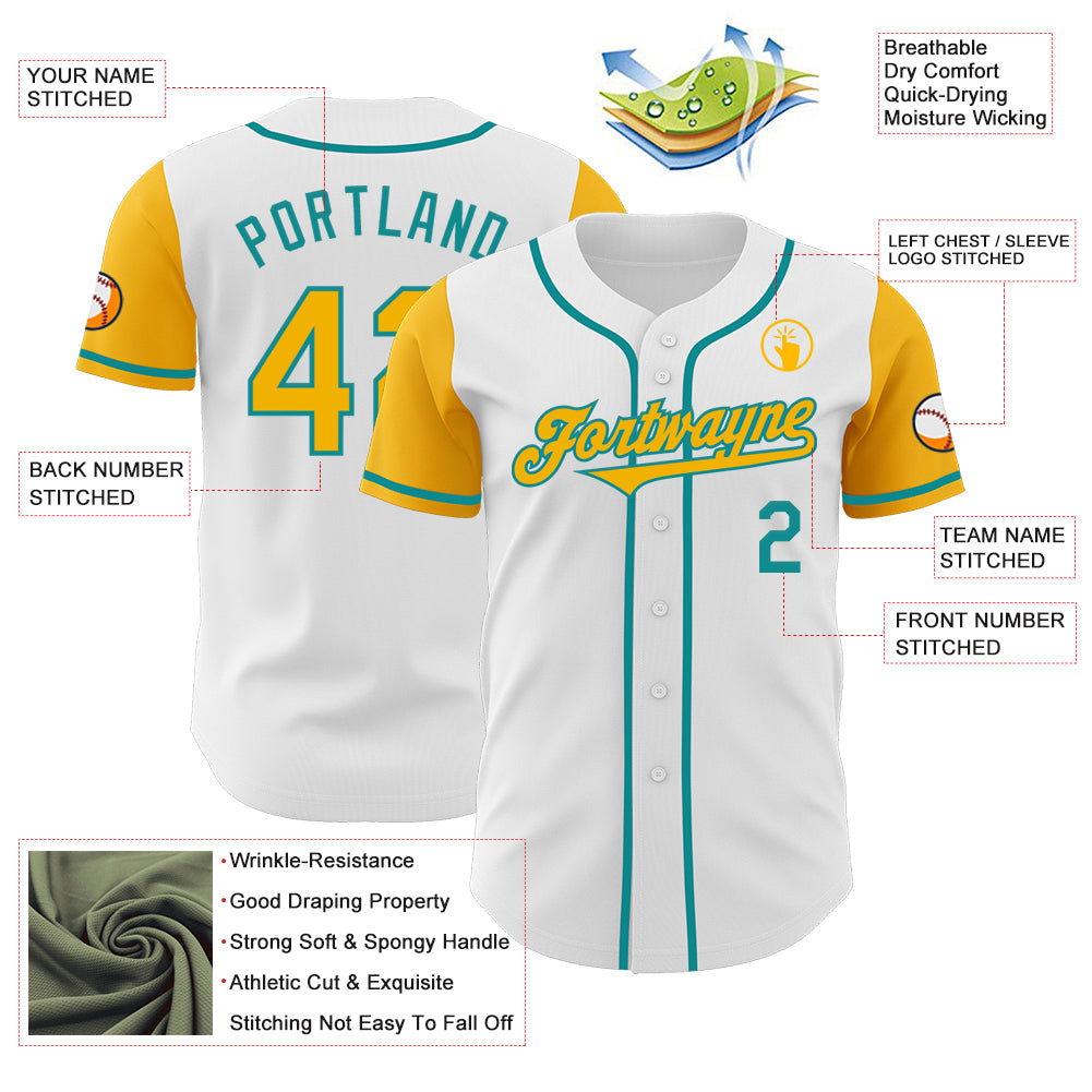 Custom White Gold-Teal Authentic Two Tone Baseball Jersey view 3