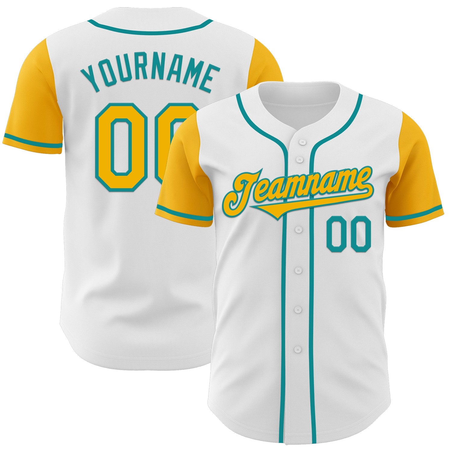 Custom White Gold-Teal Authentic Two Tone Baseball Jersey - Main View