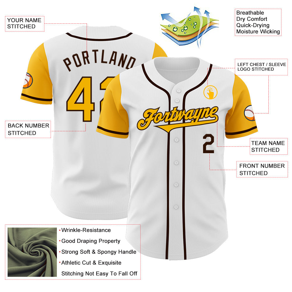 Custom White Gold-Brown Authentic Two Tone Baseball Jersey view 3