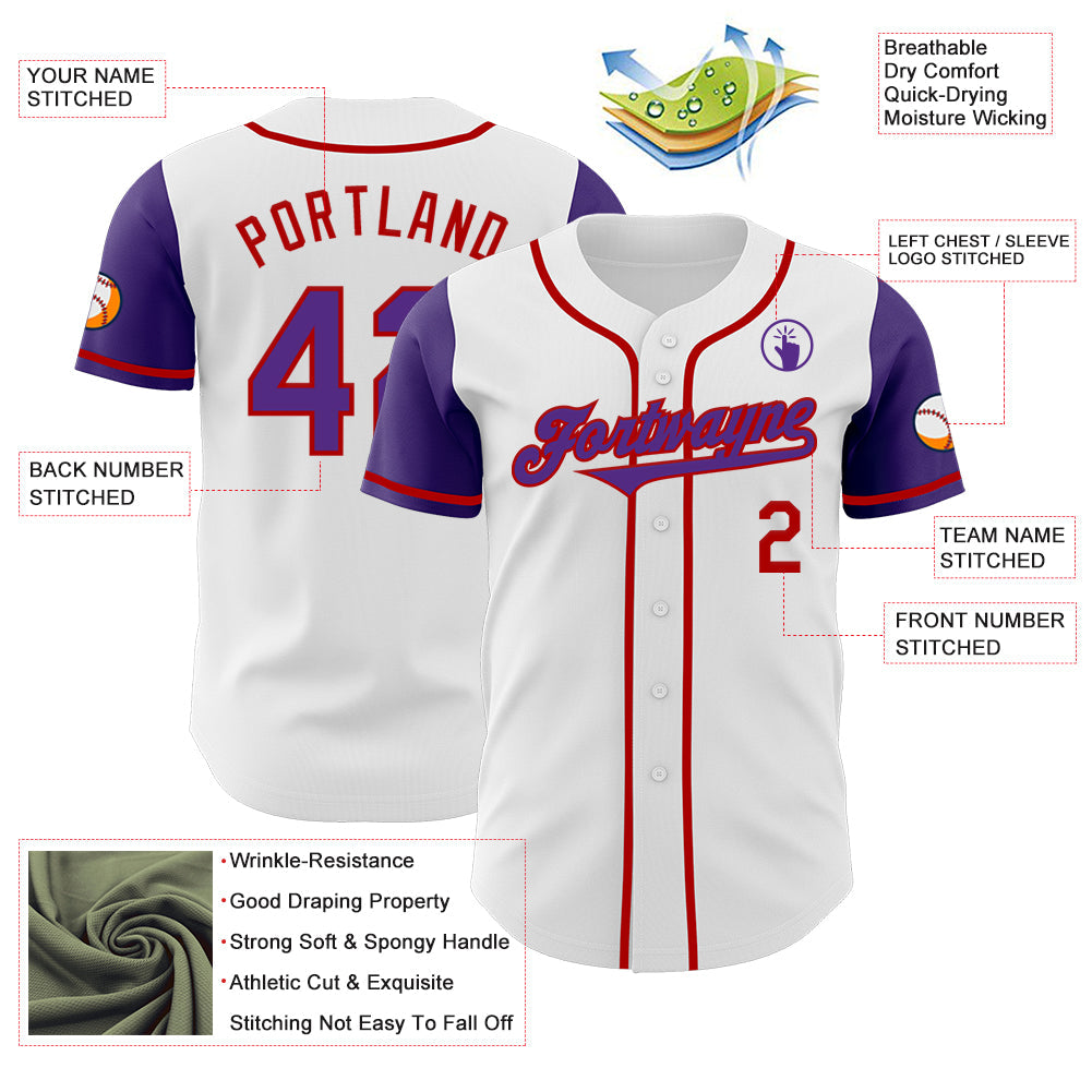 Custom White Purple-Red Authentic Two Tone Baseball Jersey view 3