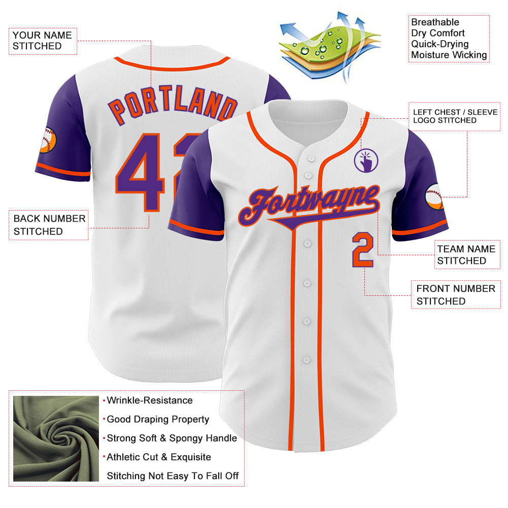 Custom White Purple-Orange Authentic Two Tone Baseball Jersey view 3