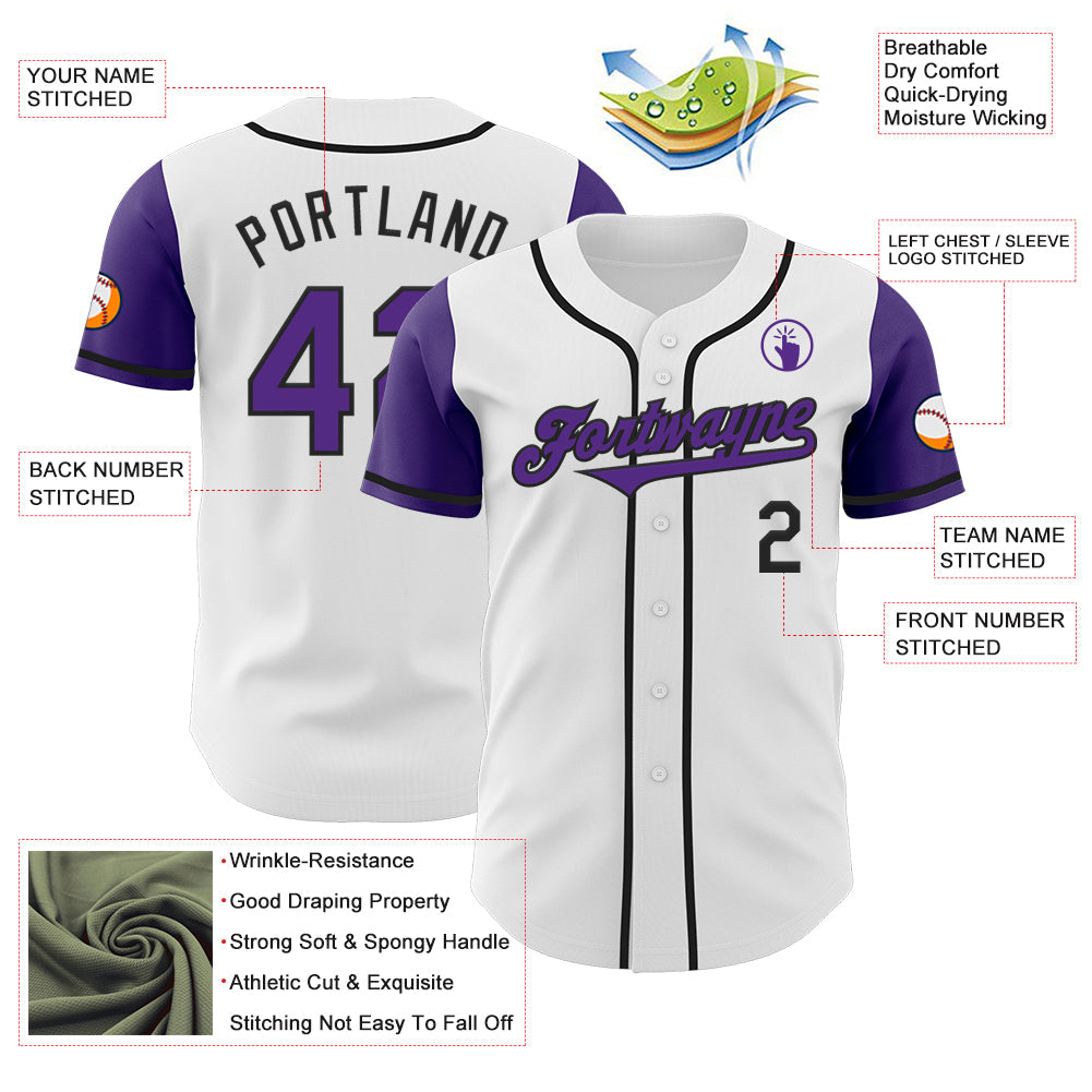 Custom White Purple-Black Authentic Two Tone Baseball Jersey view 3