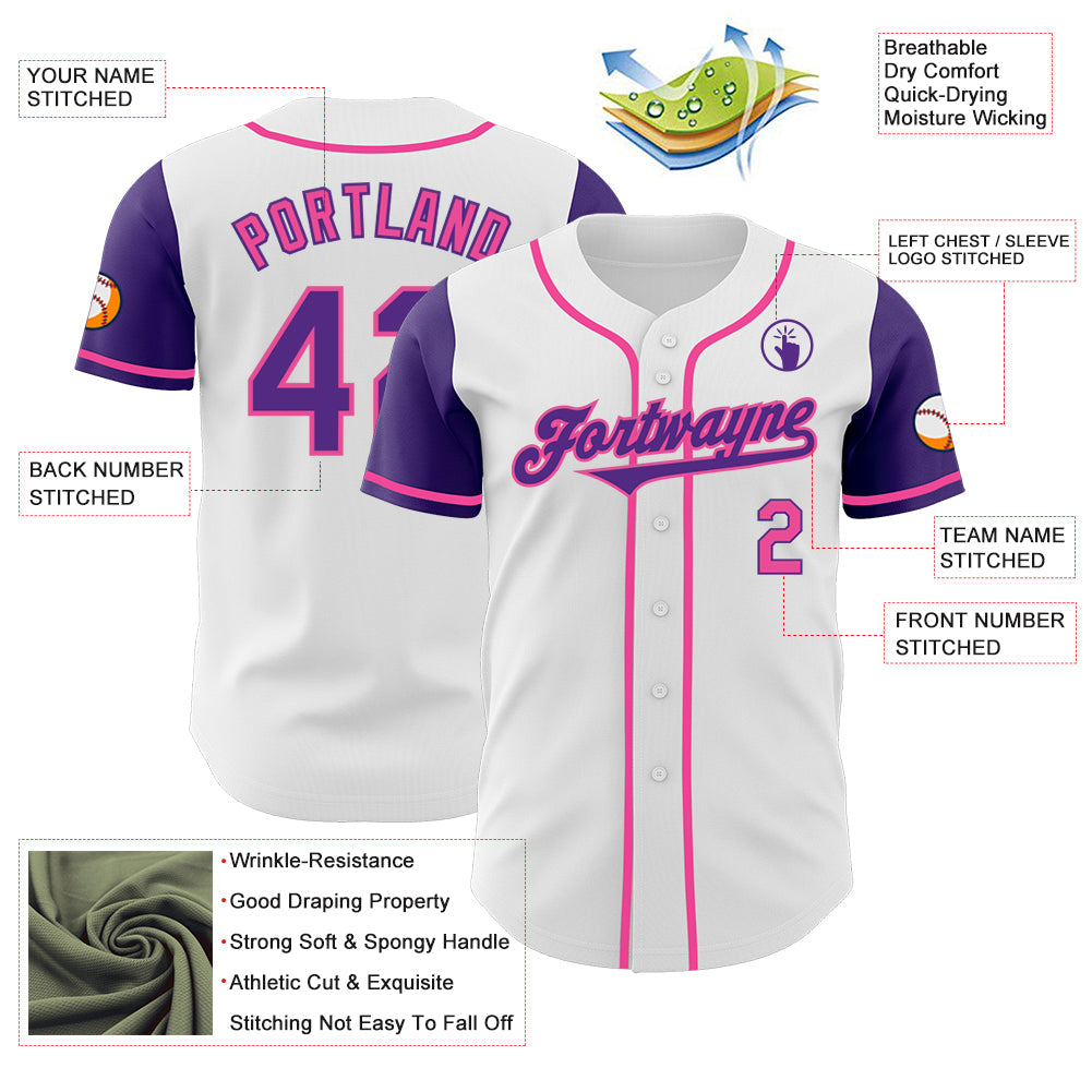 Custom White Purple-Pink Authentic Two Tone Baseball Jersey view 3