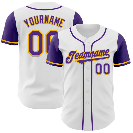 Custom White Purple-Gold Authentic Two Tone Baseball Jersey - Main View