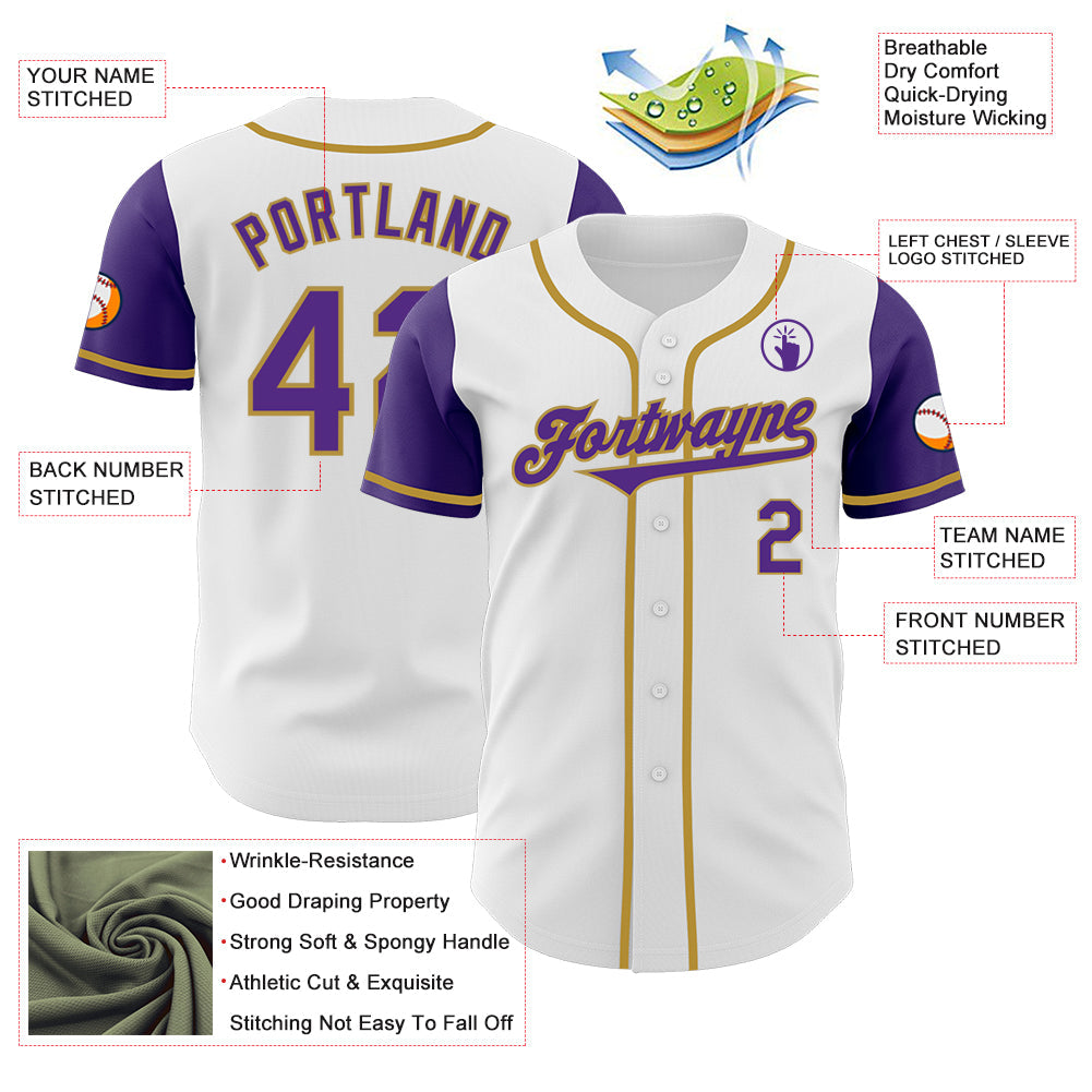 Custom White Purple-Old Gold Authentic Two Tone Baseball Jersey view 3