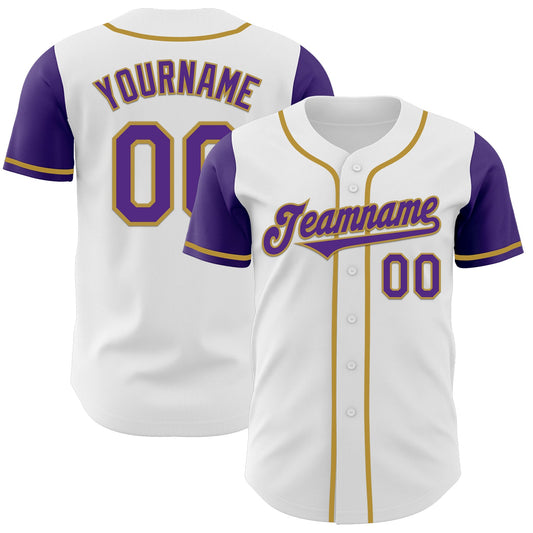 Custom White Purple-Old Gold Authentic Two Tone Baseball Jersey - Main View