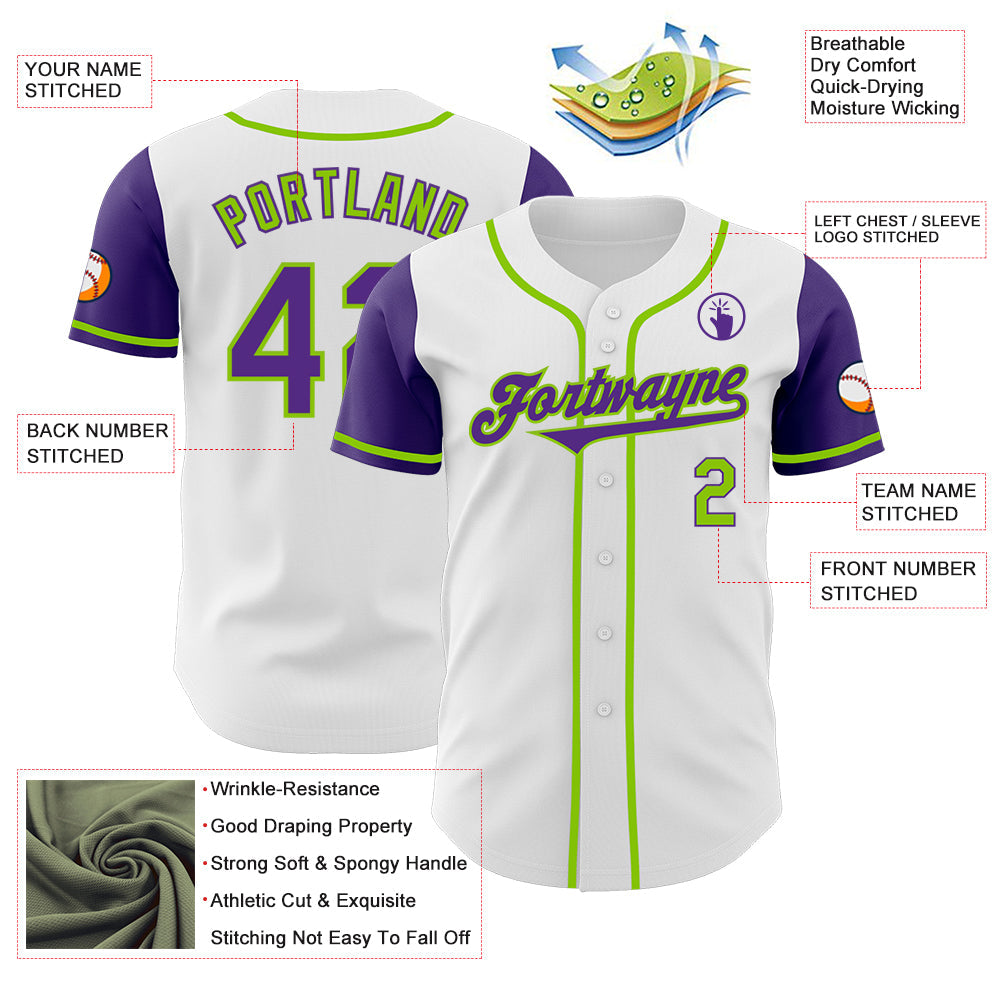 Custom White Purple-Neon Green Authentic Two Tone Baseball Jersey view 3