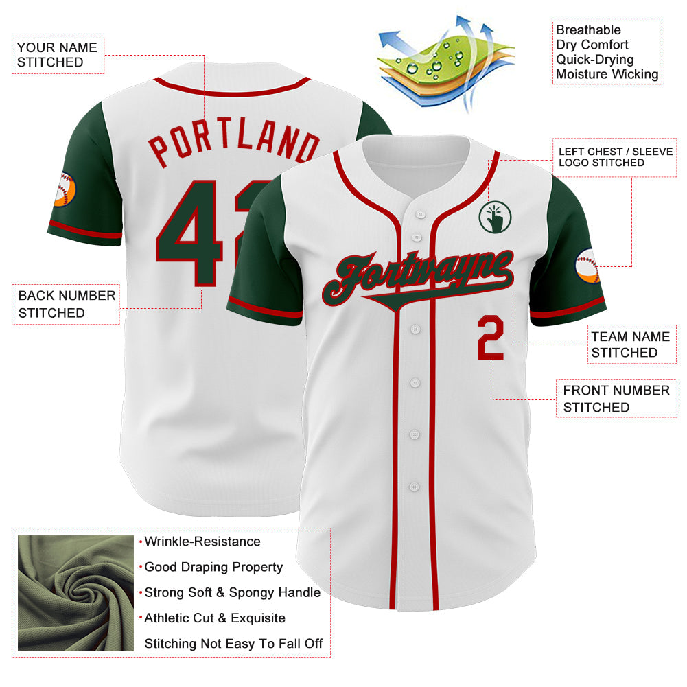 Custom White Green-Red Authentic Two Tone Baseball Jersey view 3