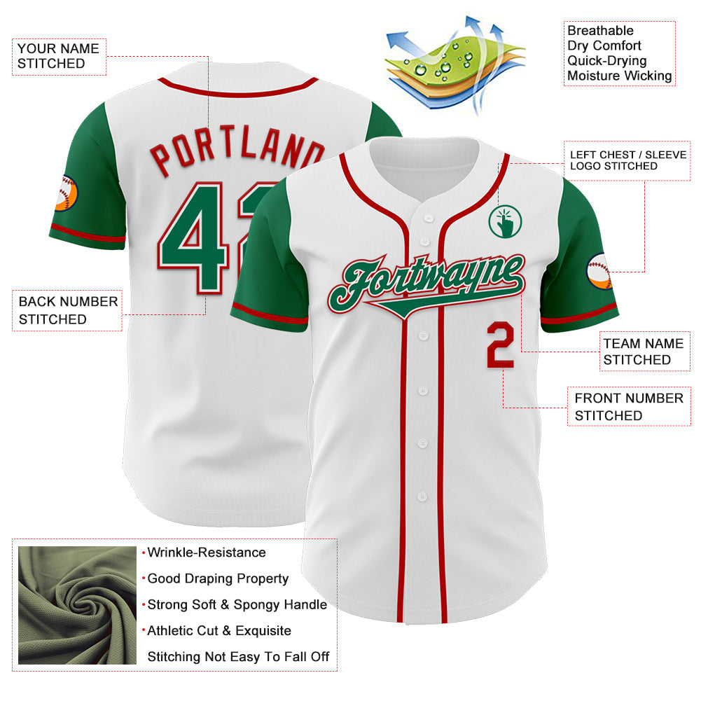 Custom White Kelly Green-Red Authentic Two Tone Baseball Jersey view 3