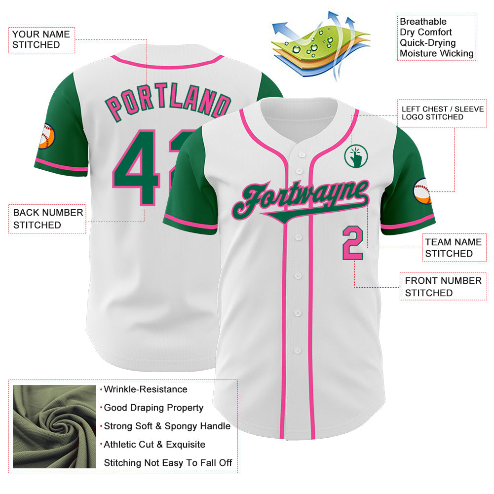 Custom White Kelly Green-Pink Authentic Two Tone Baseball Jersey view 3