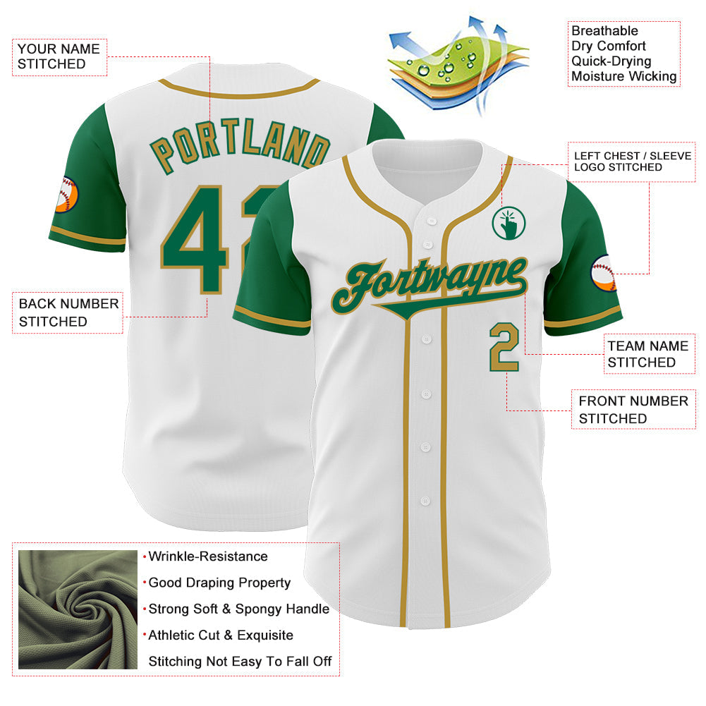 Custom White Kelly Green-Old Gold Authentic Two Tone Baseball Jersey view 3