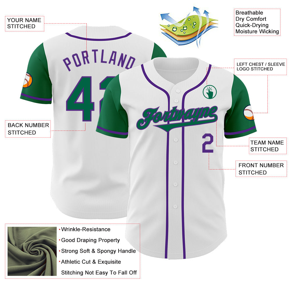 Custom White Kelly Green-Purple Authentic Two Tone Baseball Jersey view 3