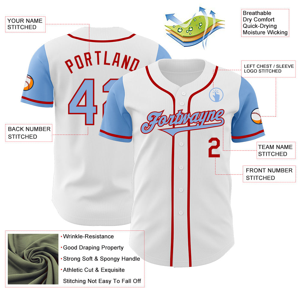 Custom White Light Blue-Red Authentic Two Tone Baseball Jersey view 3