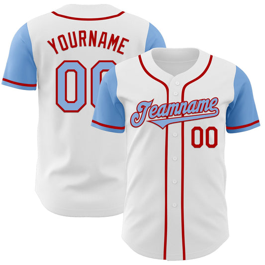 Custom White Light Blue-Red Authentic Two Tone Baseball Jersey - Main View
