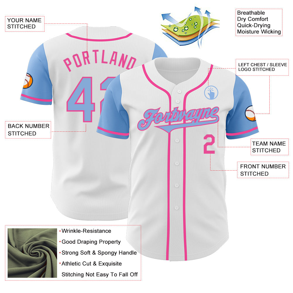 Custom White Light Blue-Pink Authentic Two Tone Baseball Jersey view 3