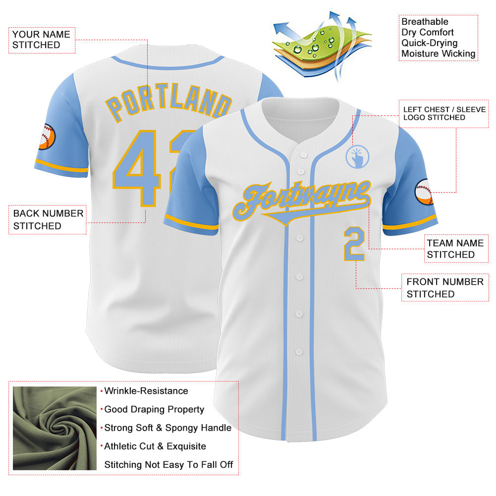 Custom White Light Blue-Gold Authentic Two Tone Baseball Jersey view 3