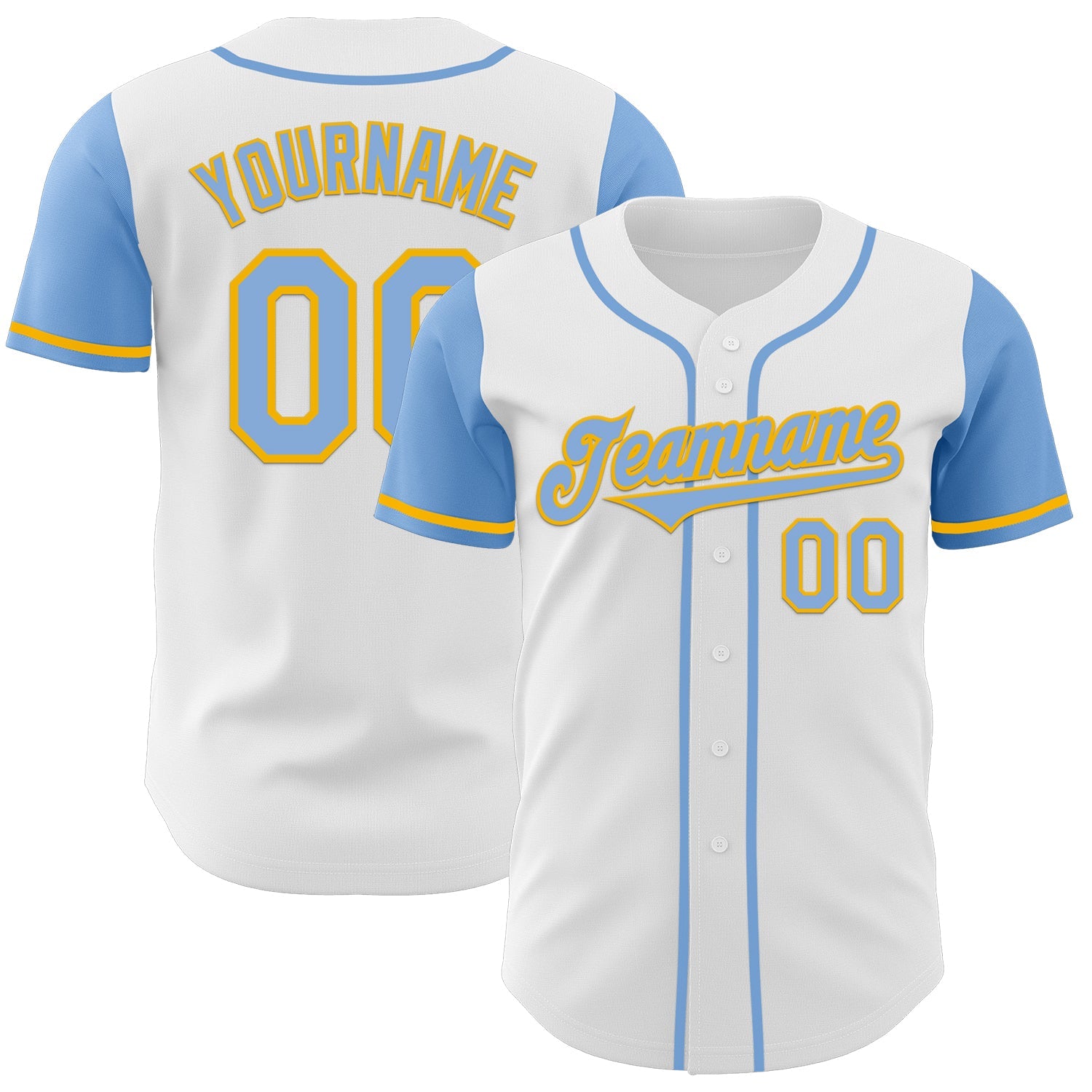 Custom White Light Blue-Gold Authentic Two Tone Baseball Jersey - Main View
