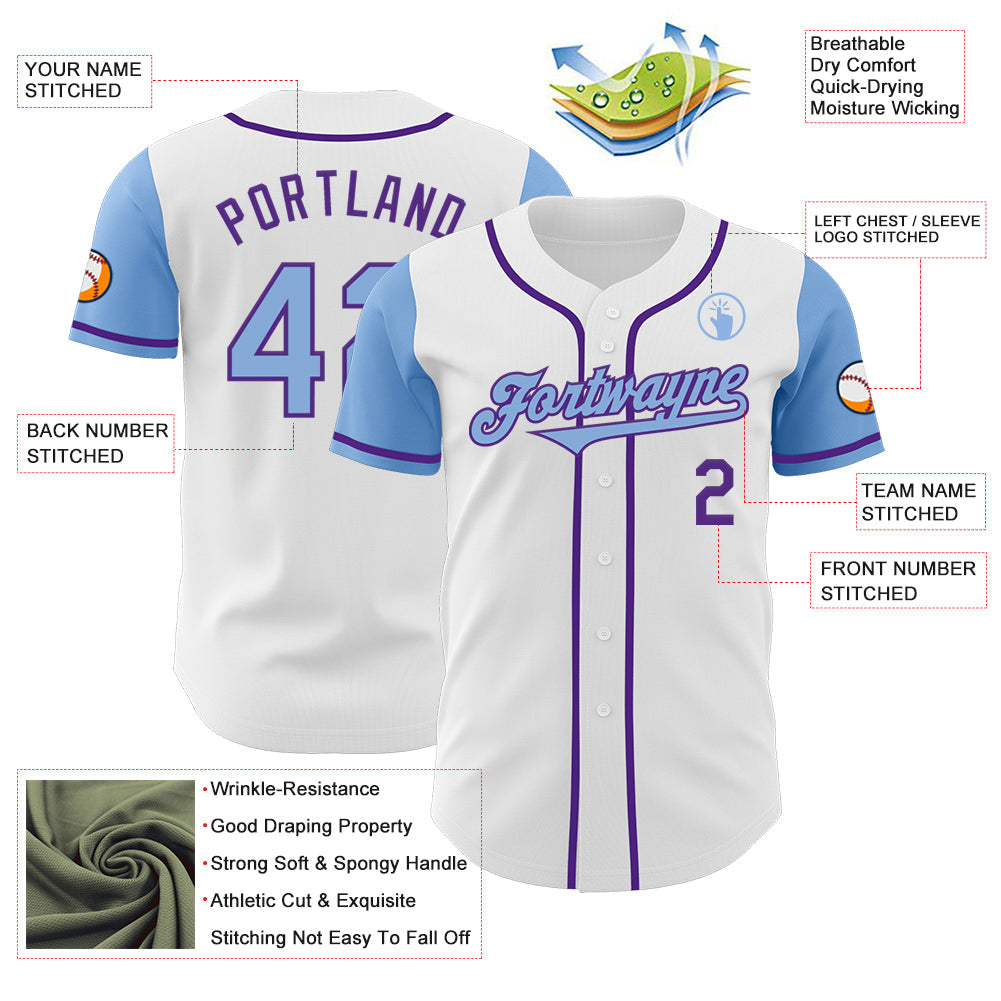 Custom White Light Blue-Purple Authentic Two Tone Baseball Jersey view 3