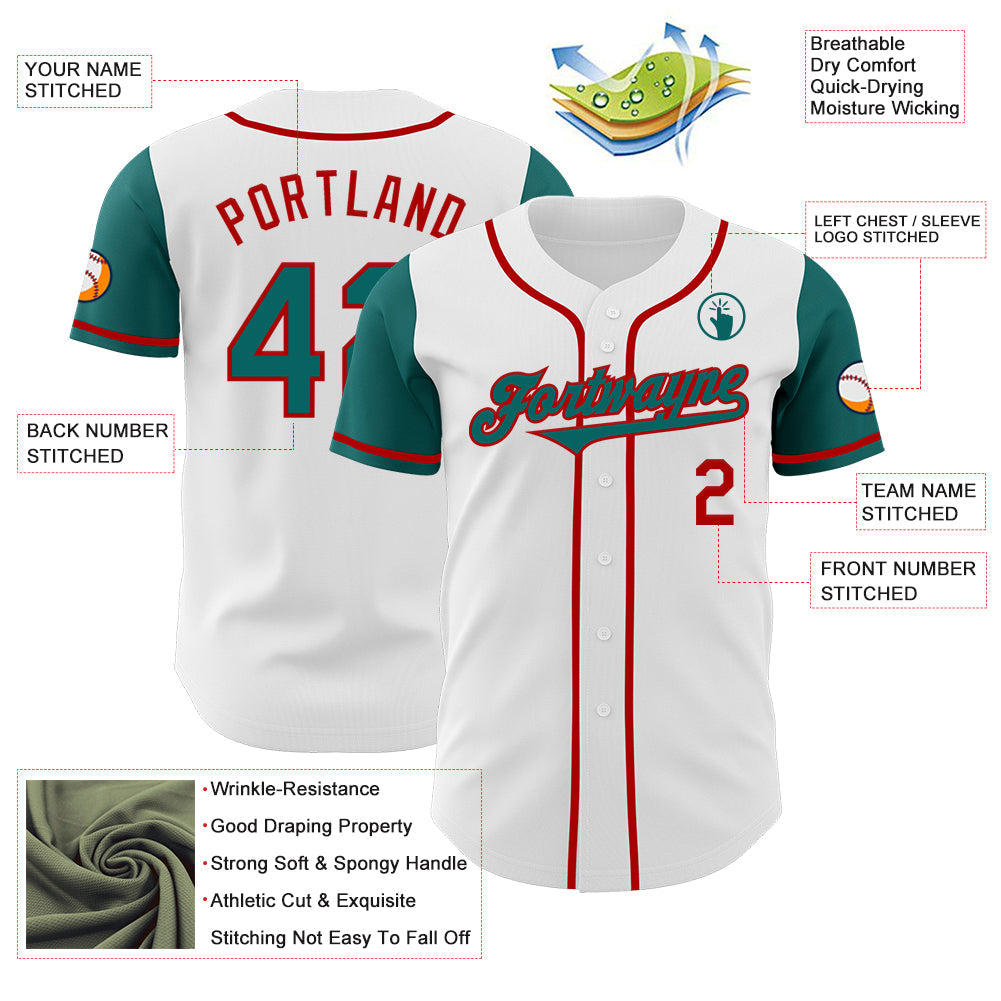 Custom White Teal-Red Authentic Two Tone Baseball Jersey view 3