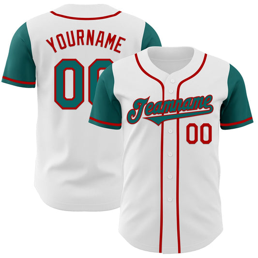 Custom White Teal-Red Authentic Two Tone Baseball Jersey - Main View