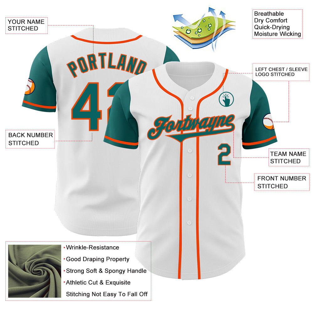 Custom White Teal-Orange Authentic Two Tone Baseball Jersey view 3