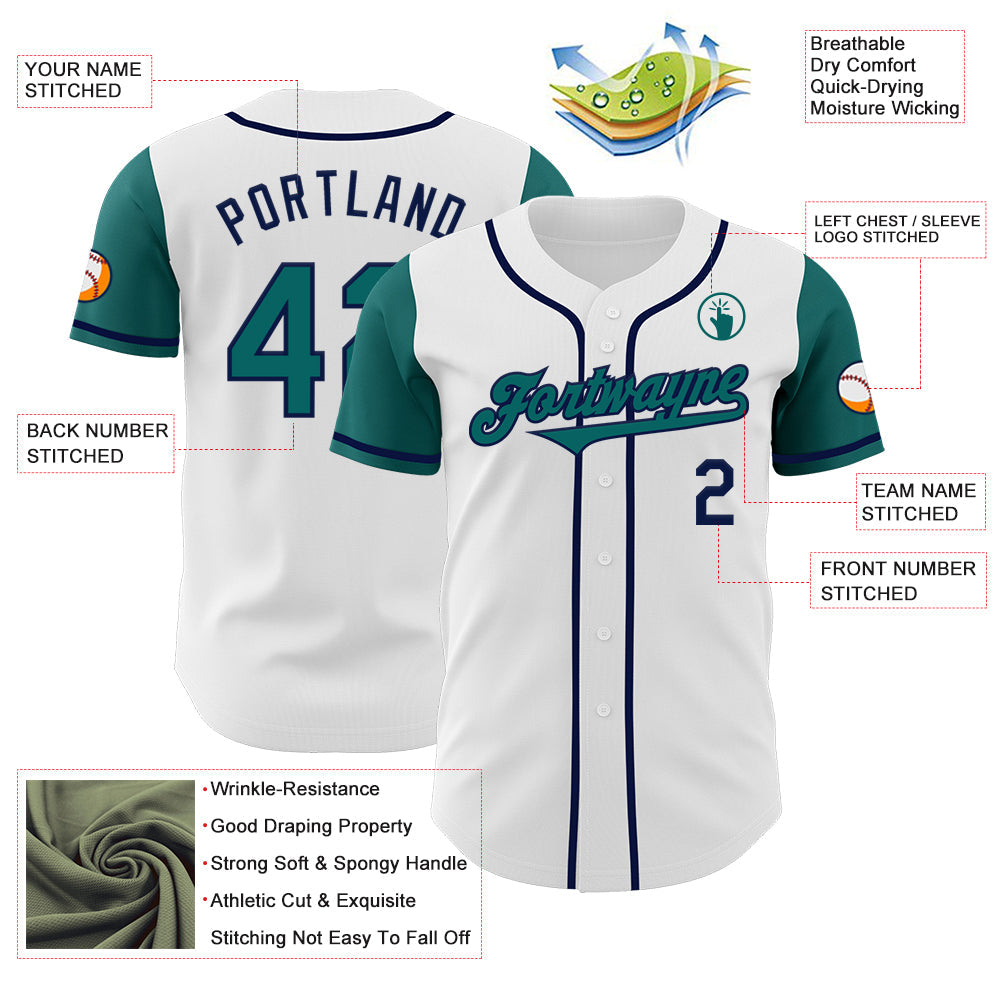 Custom White Teal-Navy Authentic Two Tone Baseball Jersey view 3