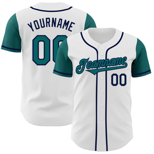Custom White Teal-Navy Authentic Two Tone Baseball Jersey - Main View