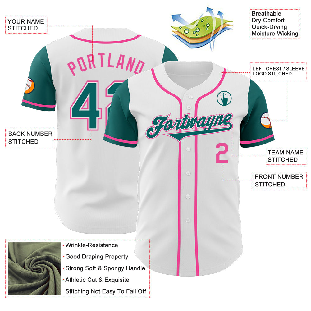 Custom White Teal-Pink Authentic Two Tone Baseball Jersey view 3