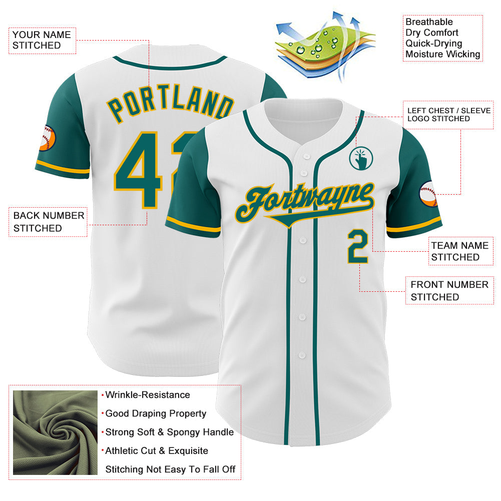 Custom White Teal-Gold Authentic Two Tone Baseball Jersey view 3