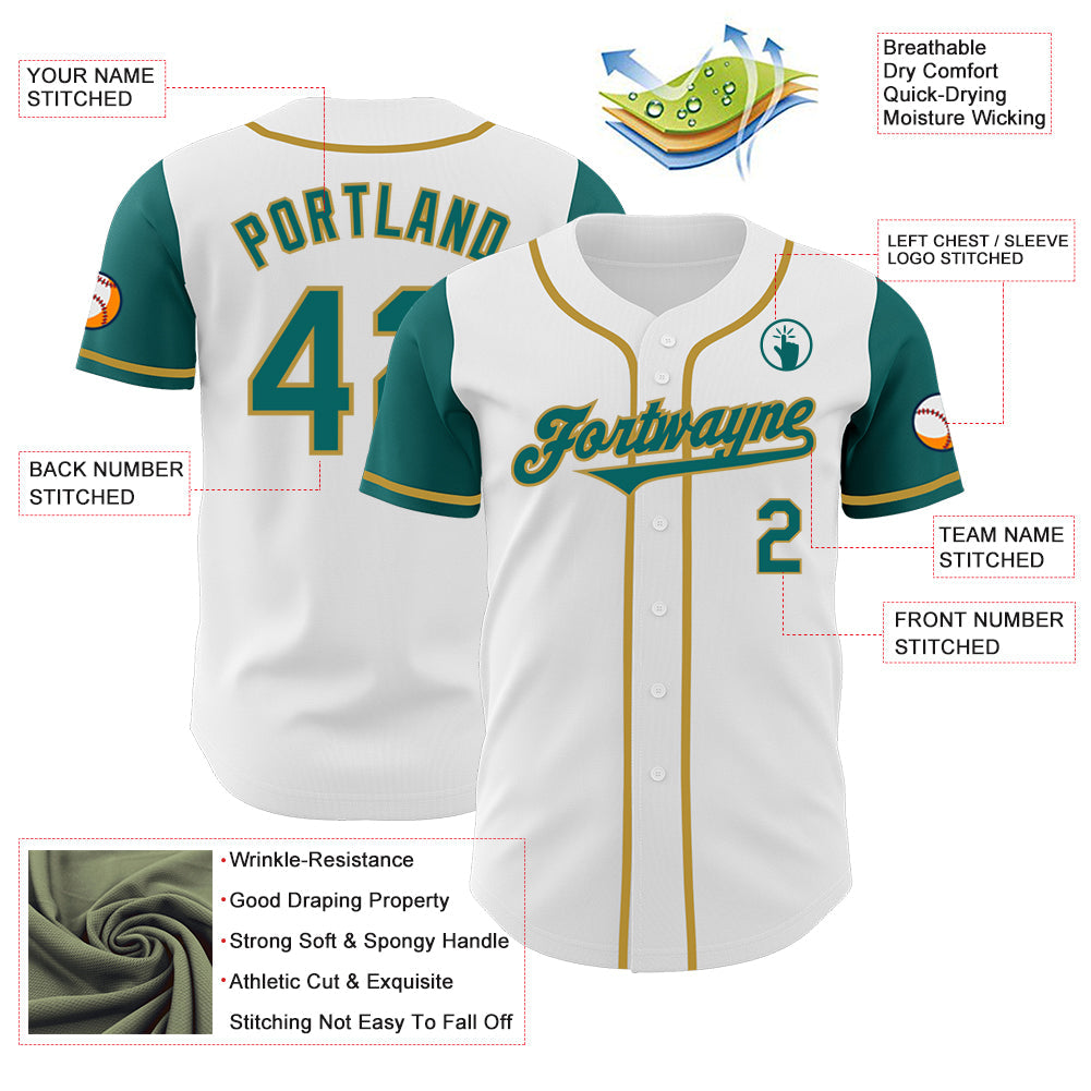Custom White Teal-Old Gold Authentic Two Tone Baseball Jersey view 3