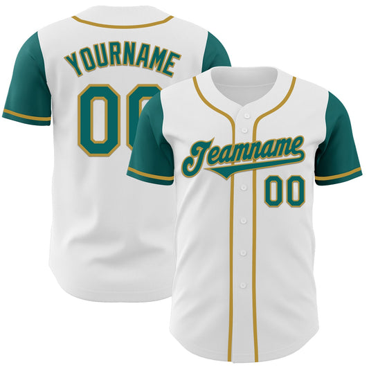 Custom White Teal-Old Gold Authentic Two Tone Baseball Jersey - Main View