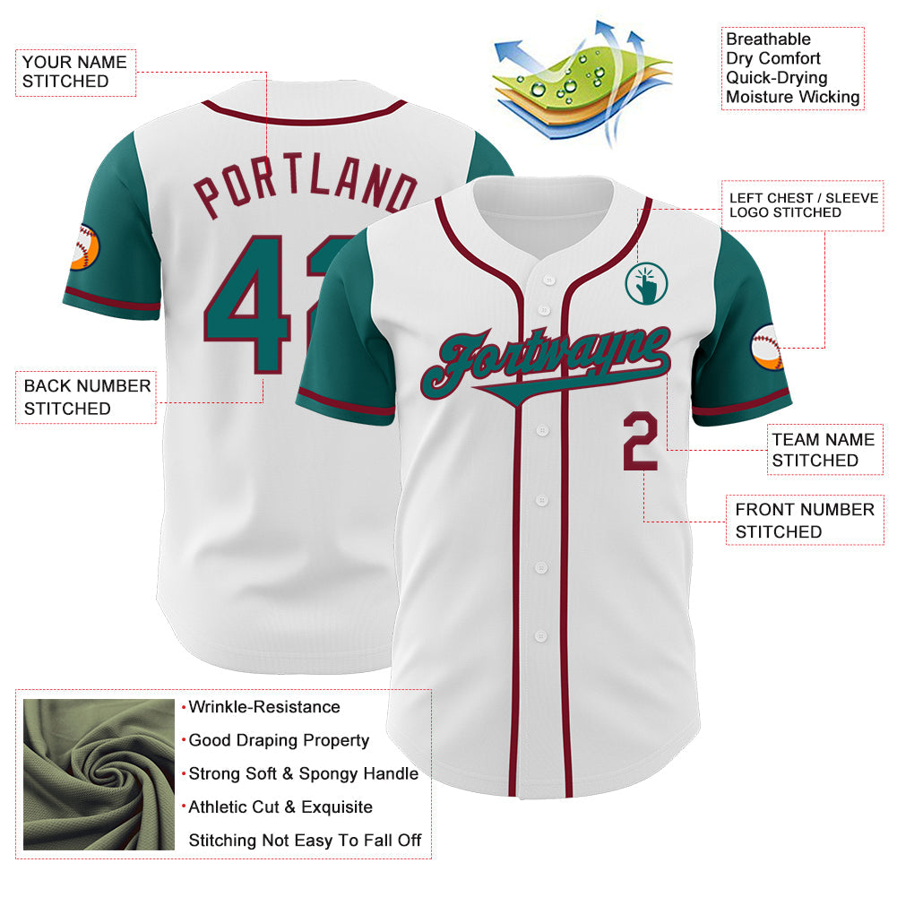 Custom White Teal-Crimson Authentic Two Tone Baseball Jersey view 3