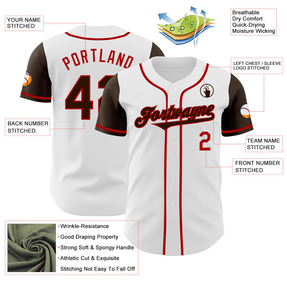 Custom White Brown-Red Authentic Two Tone Baseball Jersey view 3