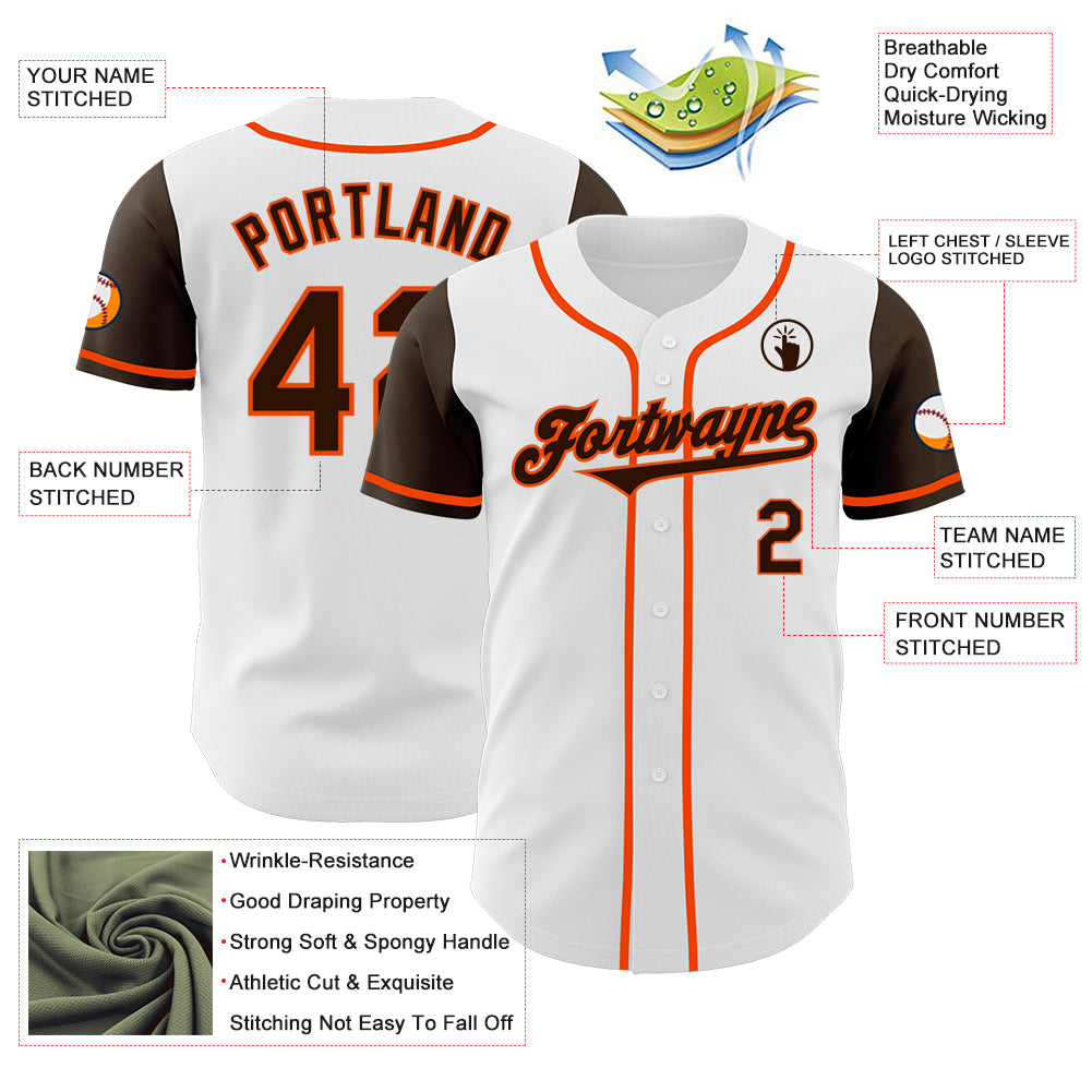 Custom White Brown-Orange Authentic Two Tone Baseball Jersey view 3