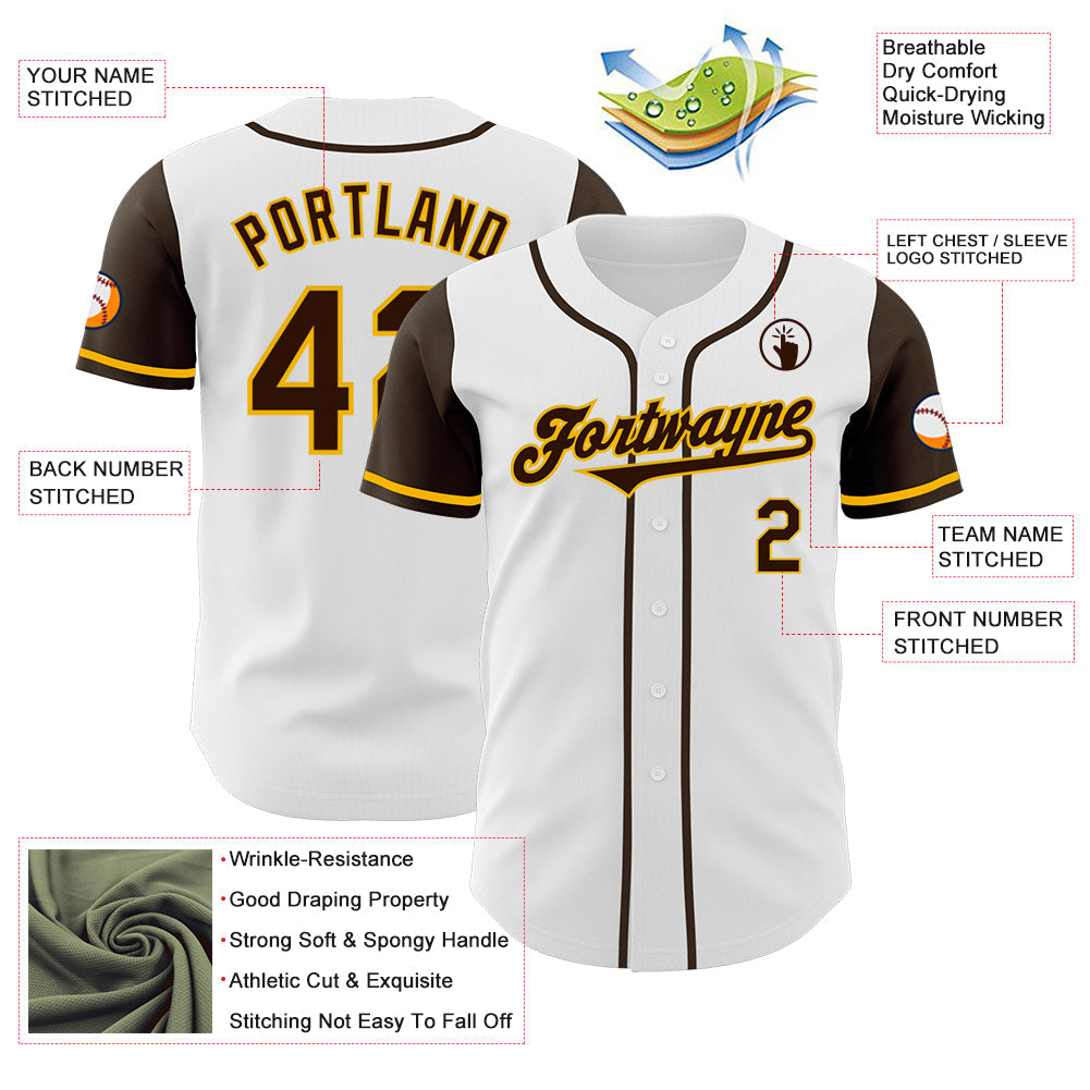 Custom White Brown-Gold Authentic Two Tone Baseball Jersey view 3