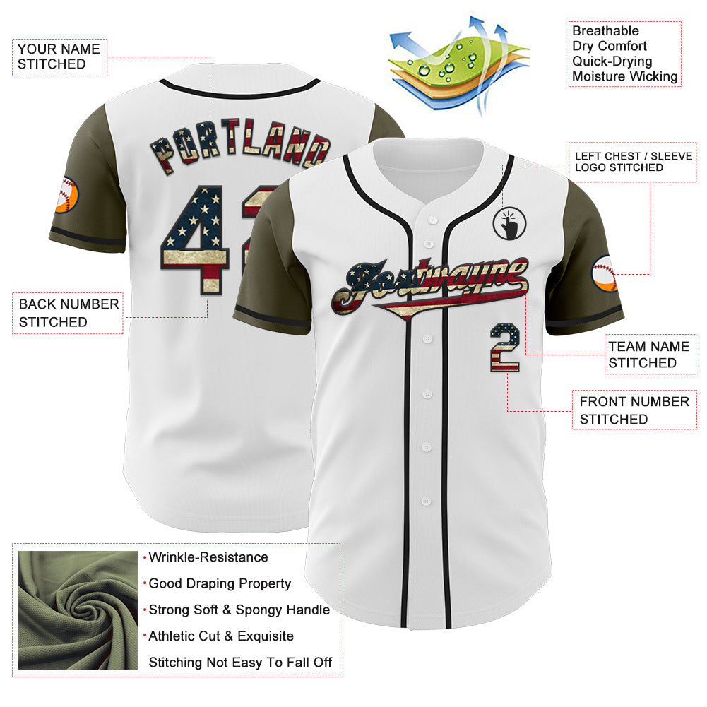 Custom White Vintage USA Flag Black-Olive Authentic Two Tone Baseball Jersey view 3