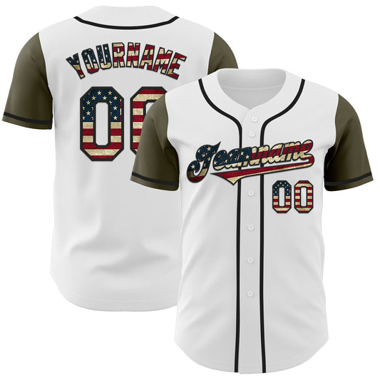 Custom White Vintage USA Flag Black-Olive Authentic Two Tone Baseball Jersey - Main View