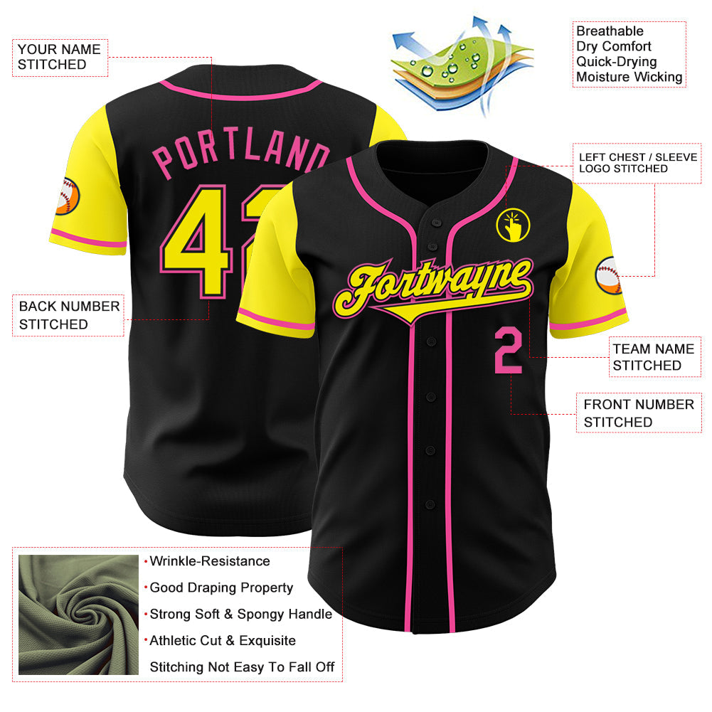 Custom Black Light Yellow-Pink Authentic Two Tone Baseball Jersey view 3