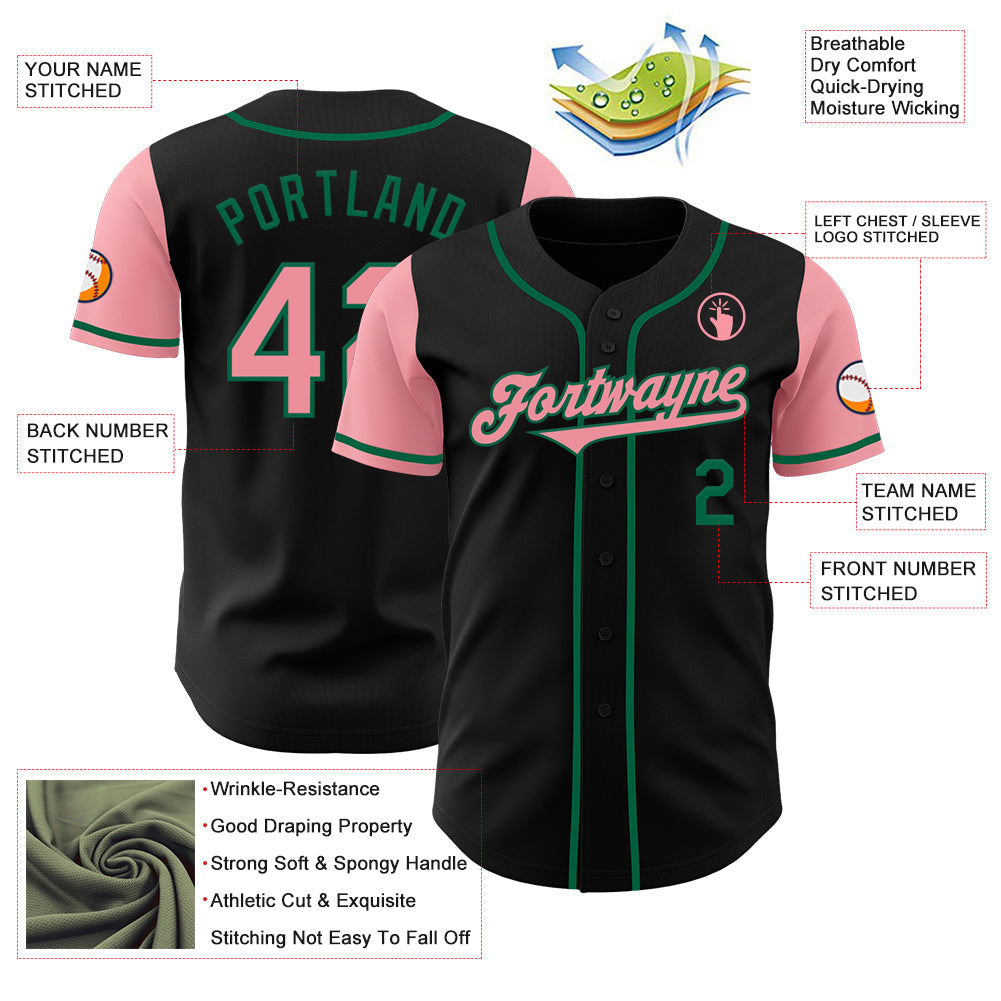 Custom Black Medium Pink-Kelly Green Authentic Two Tone Baseball Jersey view 3