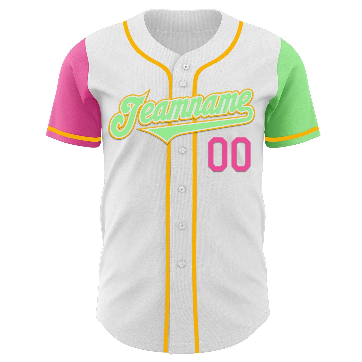 Custom White Pink Pea Green-Gold Authentic Two Tone Baseball Jersey view 2