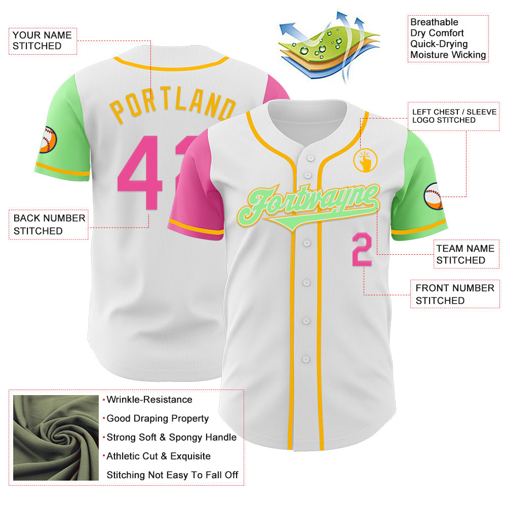 Custom White Pink Pea Green-Gold Authentic Two Tone Baseball Jersey view 3